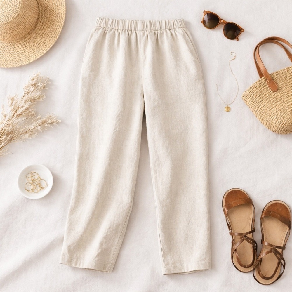 Quince Womens 100% European Linen Wide Leg Pants Flax Tan Elastic Waist Large